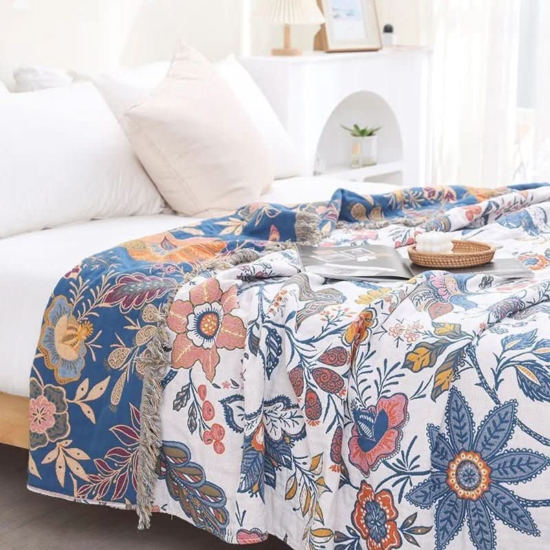 Verdant Cotton Blanket - Rustic Floral Pattern With Reversible Design | Temsk