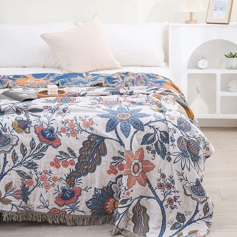 Verdant Cotton Blanket - Rustic Floral Pattern With Reversible Design | Temsk