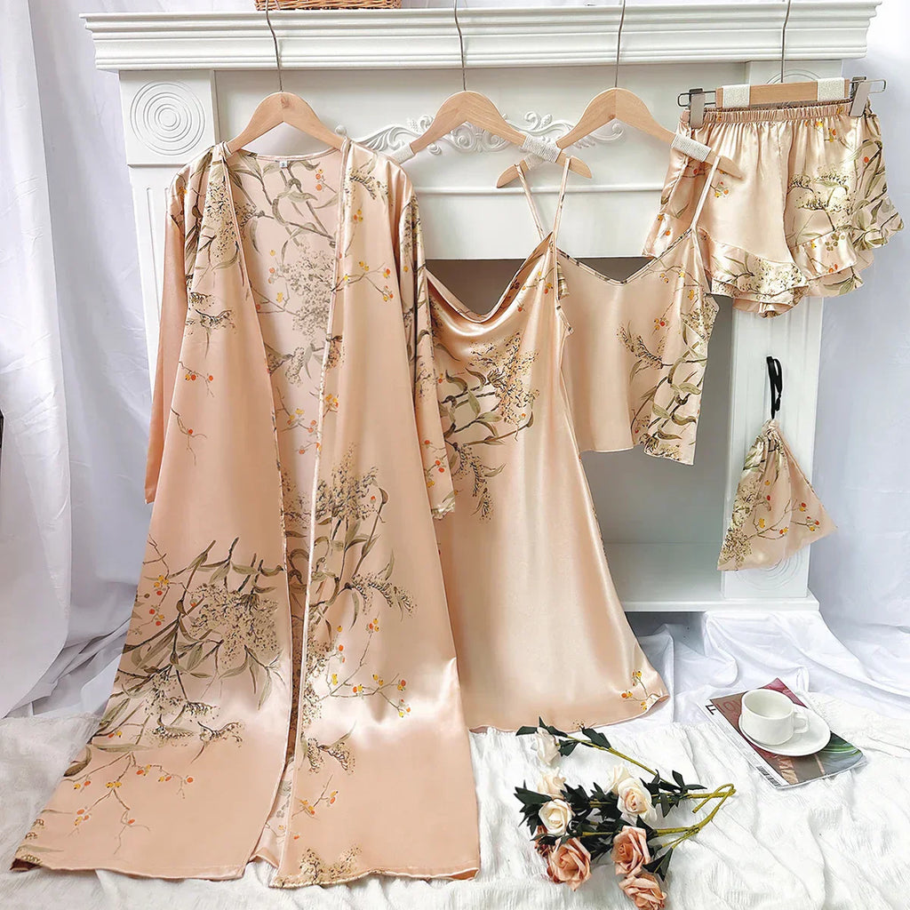 Elara Luxury Satin Five Piece Pajama Robe And Nightgown Set | Temsk