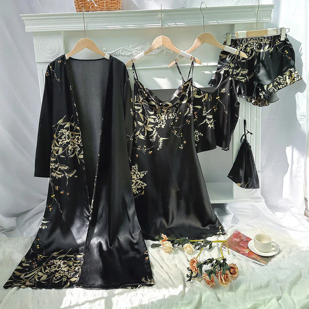 Elara Luxury Satin Five Piece Pajama Robe And Nightgown Set | Temsk