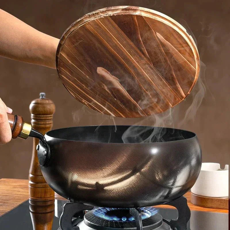 ForgeRoot Hand Forged Cast Iron Pan With Wooden Handle And Optional Lid (24/28 cm) | Temsk