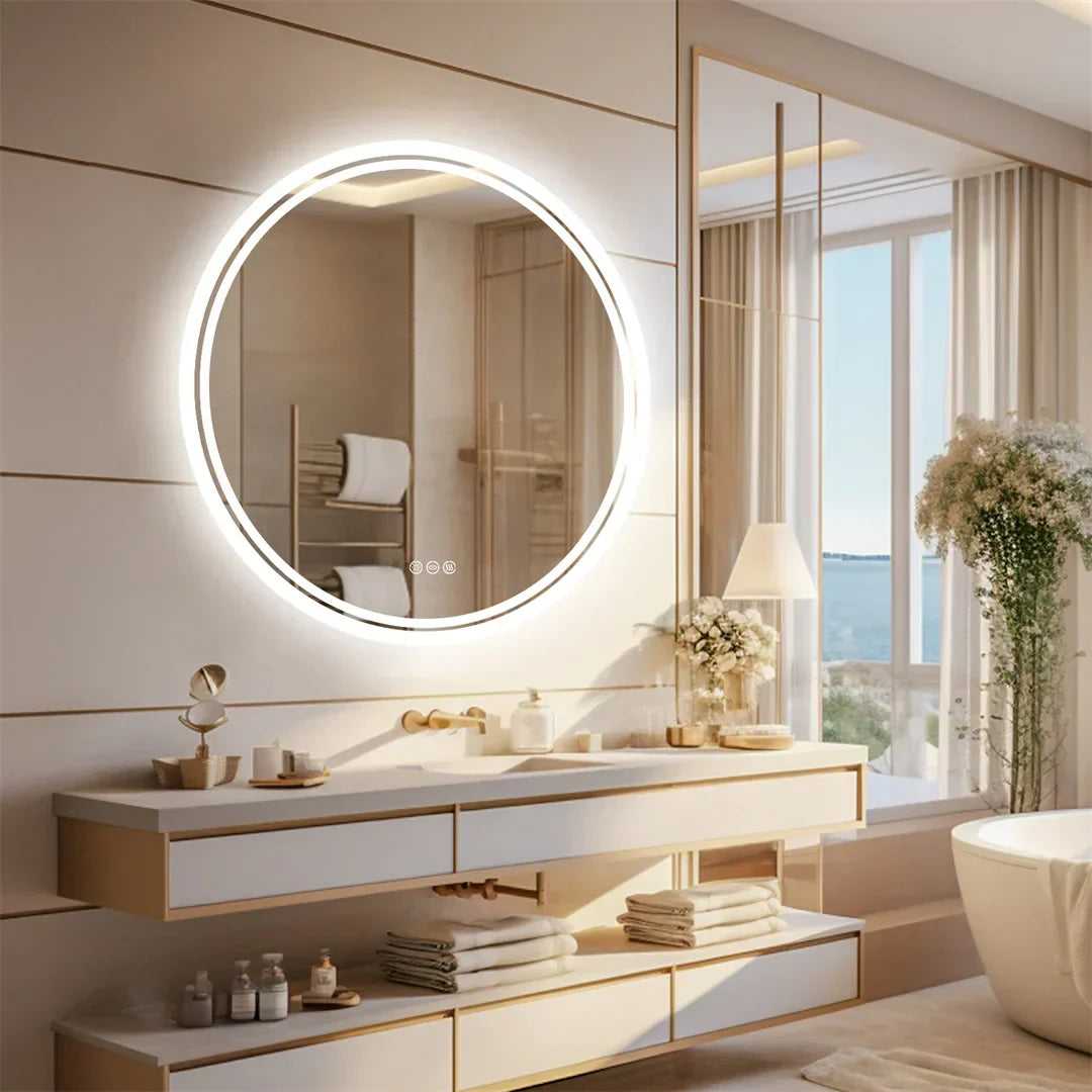 LuvoRound Rundes Badezimmerspiegel mit LED-Hintergrundbeleuchtung und dimmbarem Touchscreen | Temsk