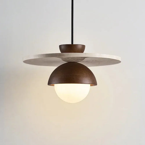 Denmark Walnut Wood Dome Pendant Lamp With Stone Disc LED Temsk