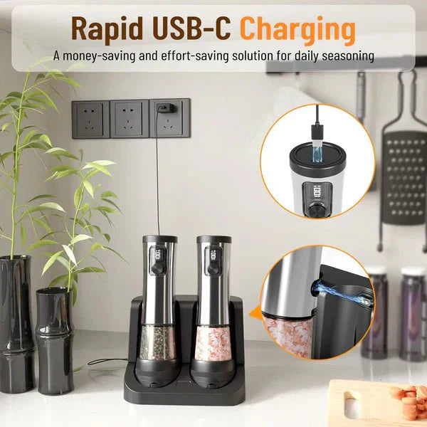 GrindSmart Rechargeable Salt and Pepper Grinder Set With Adjustable Grind Settings | Temsk