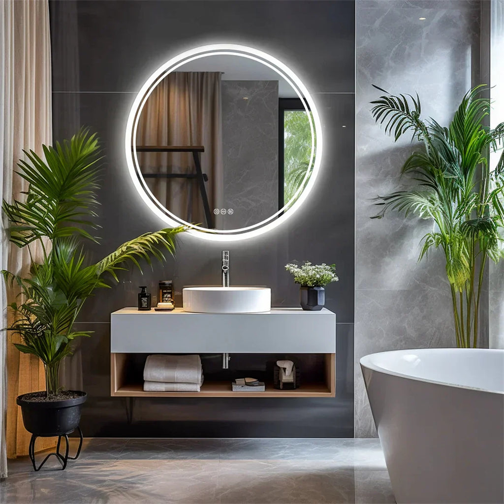 LuvoRound Rundes Badezimmerspiegel mit LED-Hintergrundbeleuchtung und dimmbarem Touchscreen | Temsk
