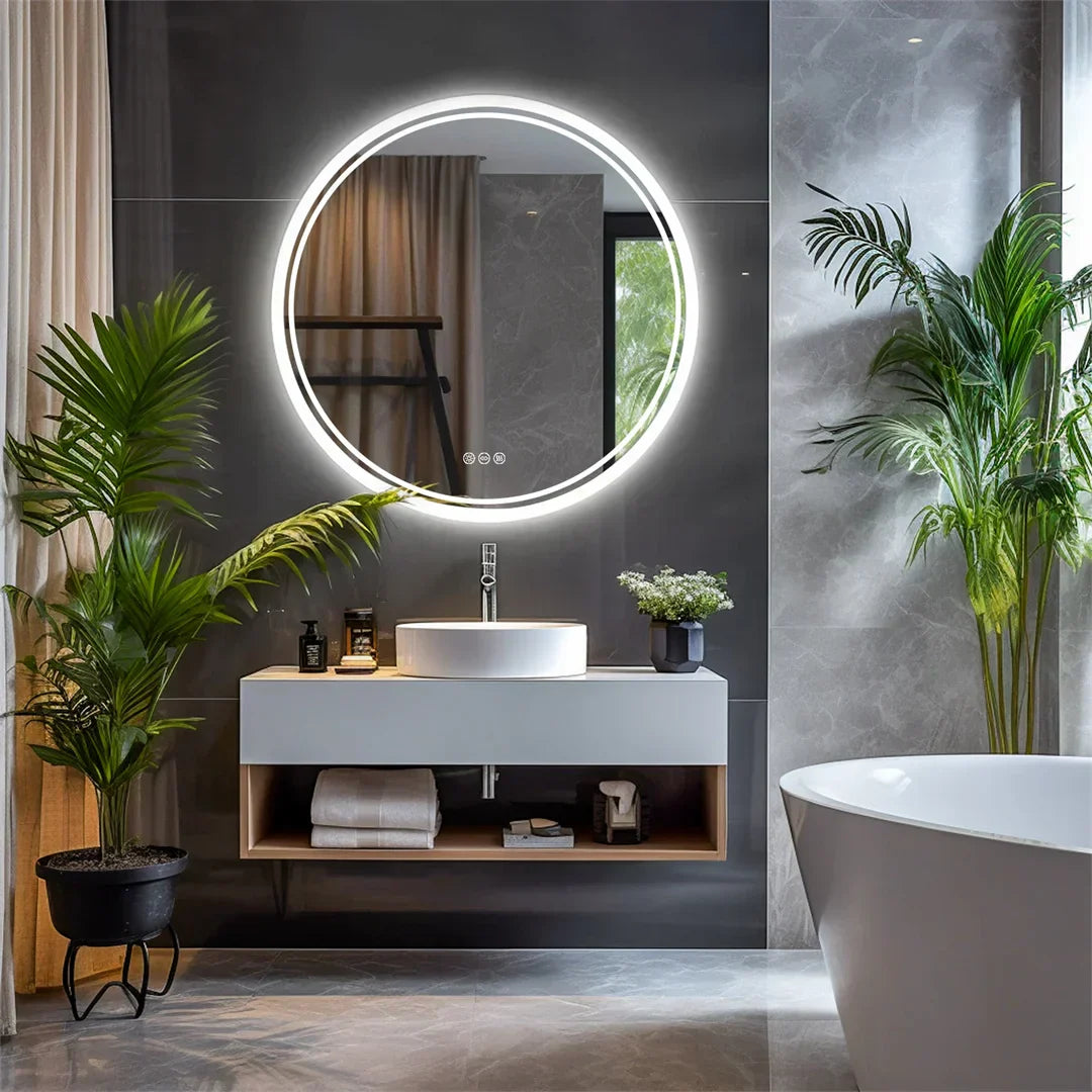 LuvoRound Rundes Badezimmerspiegel mit LED-Hintergrundbeleuchtung und dimmbarem Touchscreen | Temsk