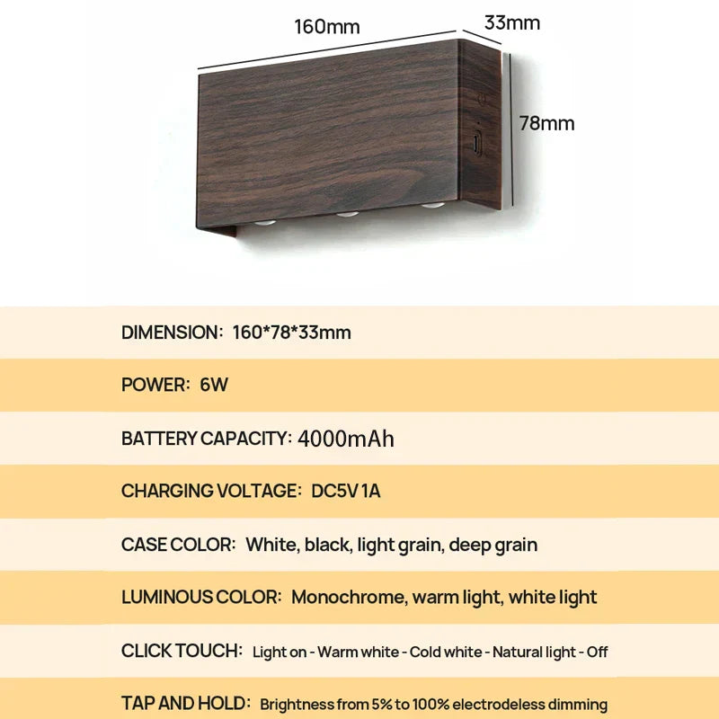 LumiBlock kabellose Wandleuchte mit Holzmaserung-Finish | Temsk