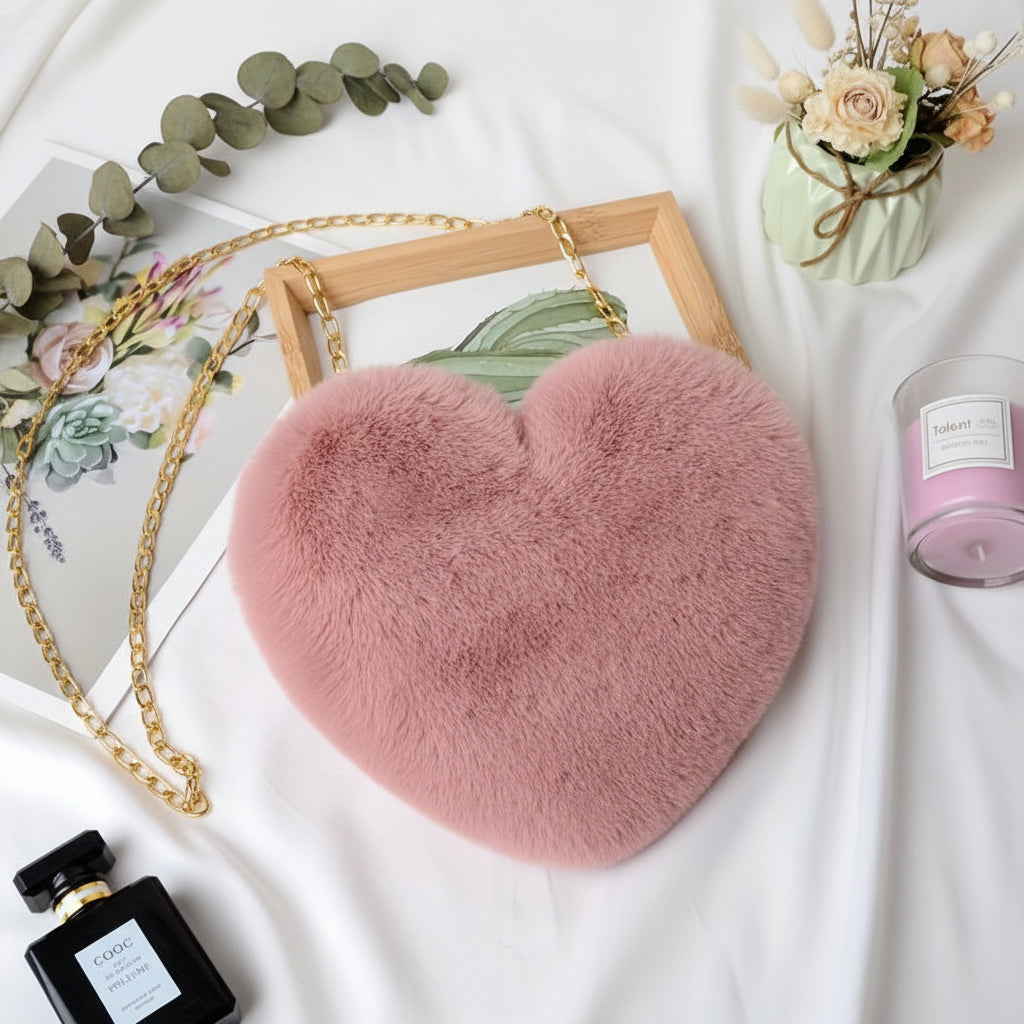 Heart Faux Fur Shoulder Bag With Crossbody Chain Purse | Temsk