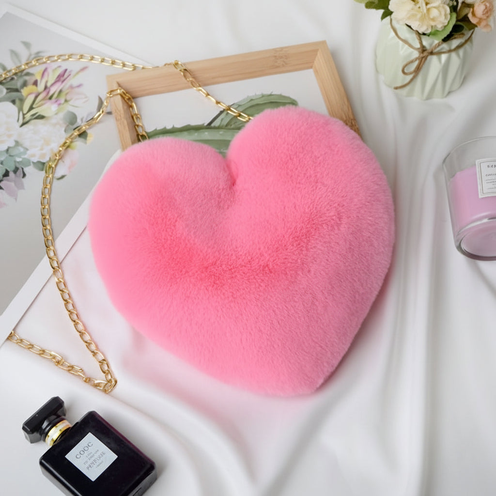 Heart Faux Fur Shoulder Bag With Crossbody Chain Purse | Temsk