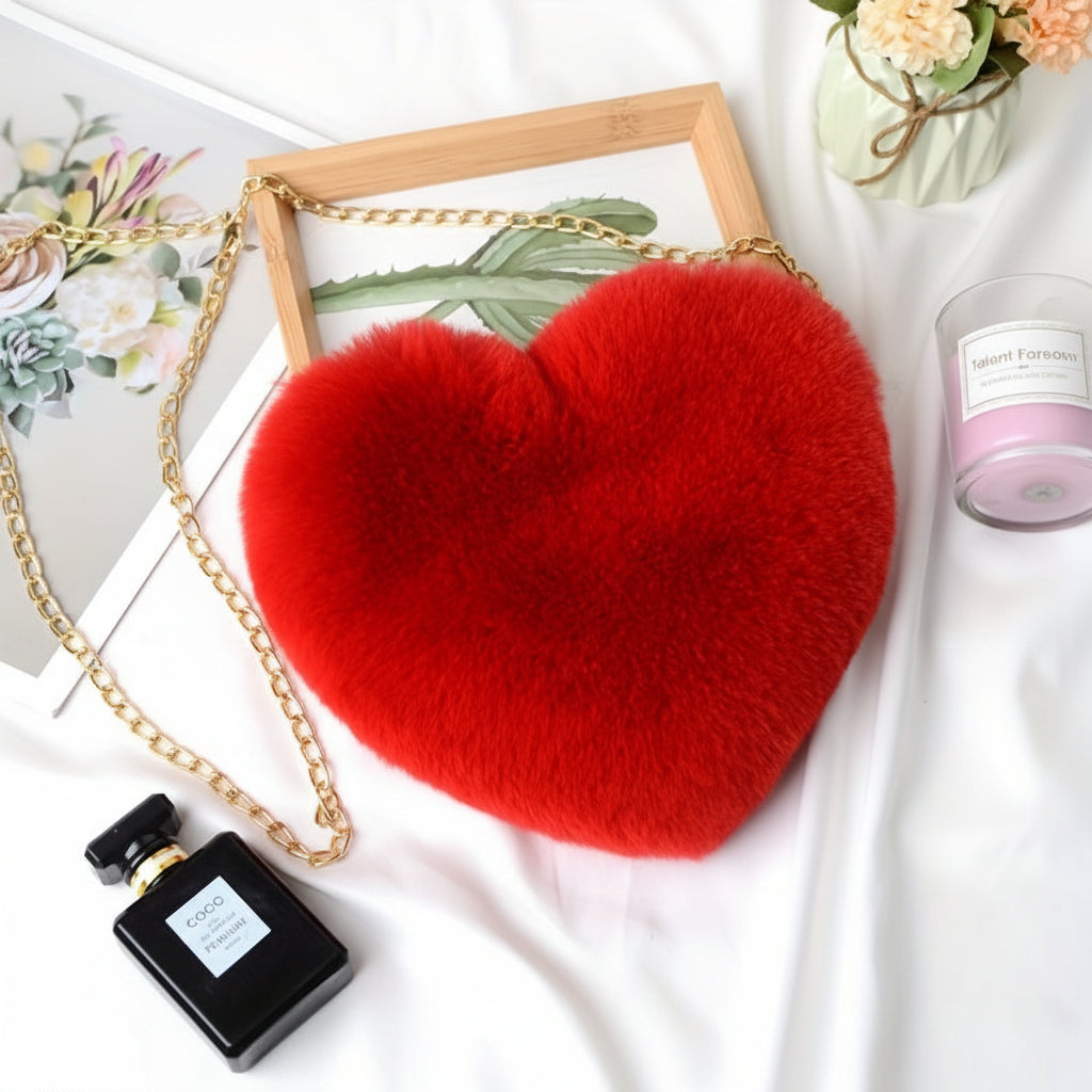 Heart Faux Fur Shoulder Bag With Crossbody Chain Purse | Temsk
