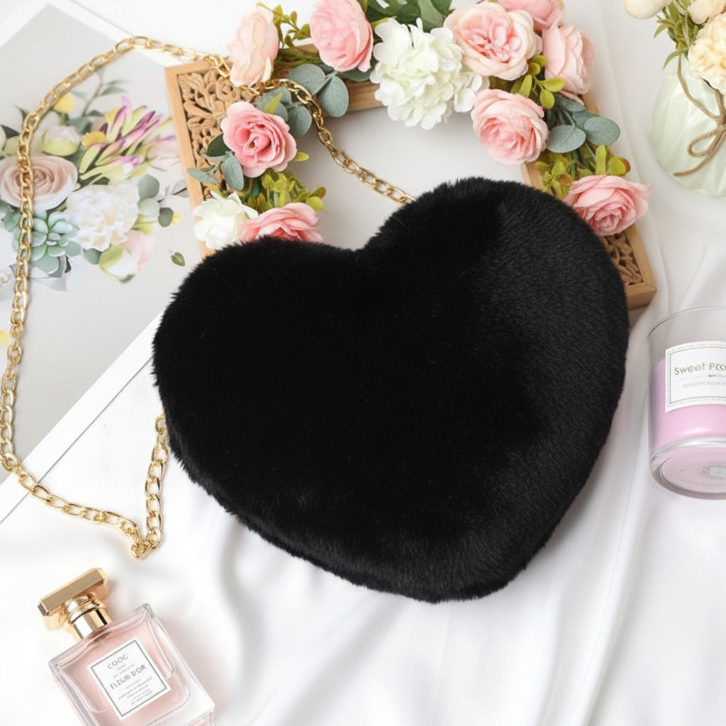 Heart Faux Fur Shoulder Bag With Crossbody Chain Purse | Temsk