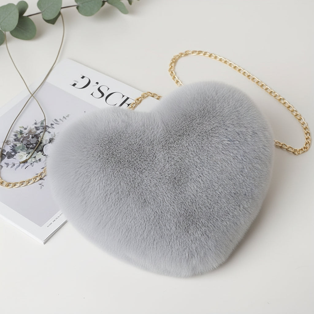 Heart Faux Fur Shoulder Bag With Crossbody Chain Purse | Temsk