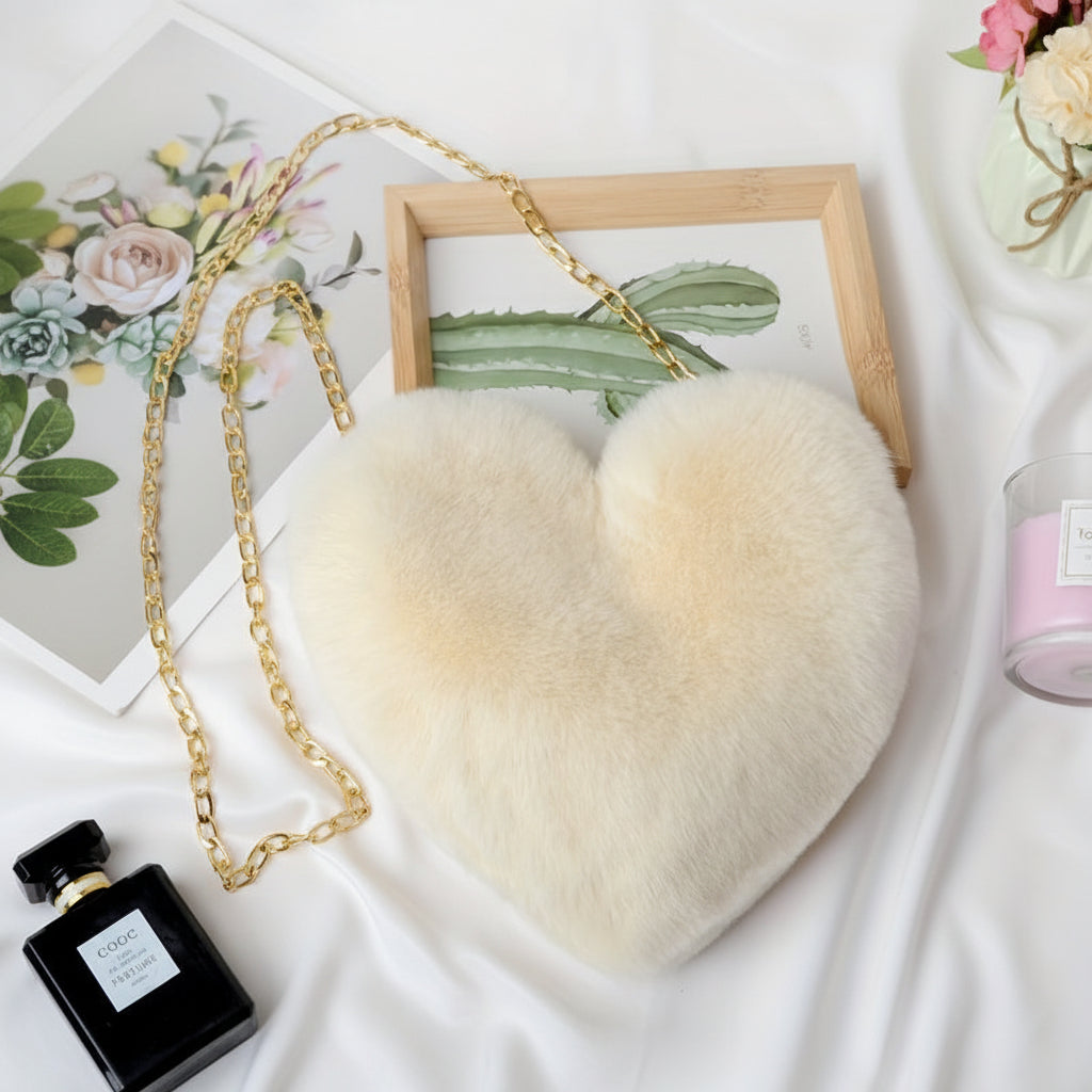 Heart Faux Fur Shoulder Bag With Crossbody Chain Purse | Temsk