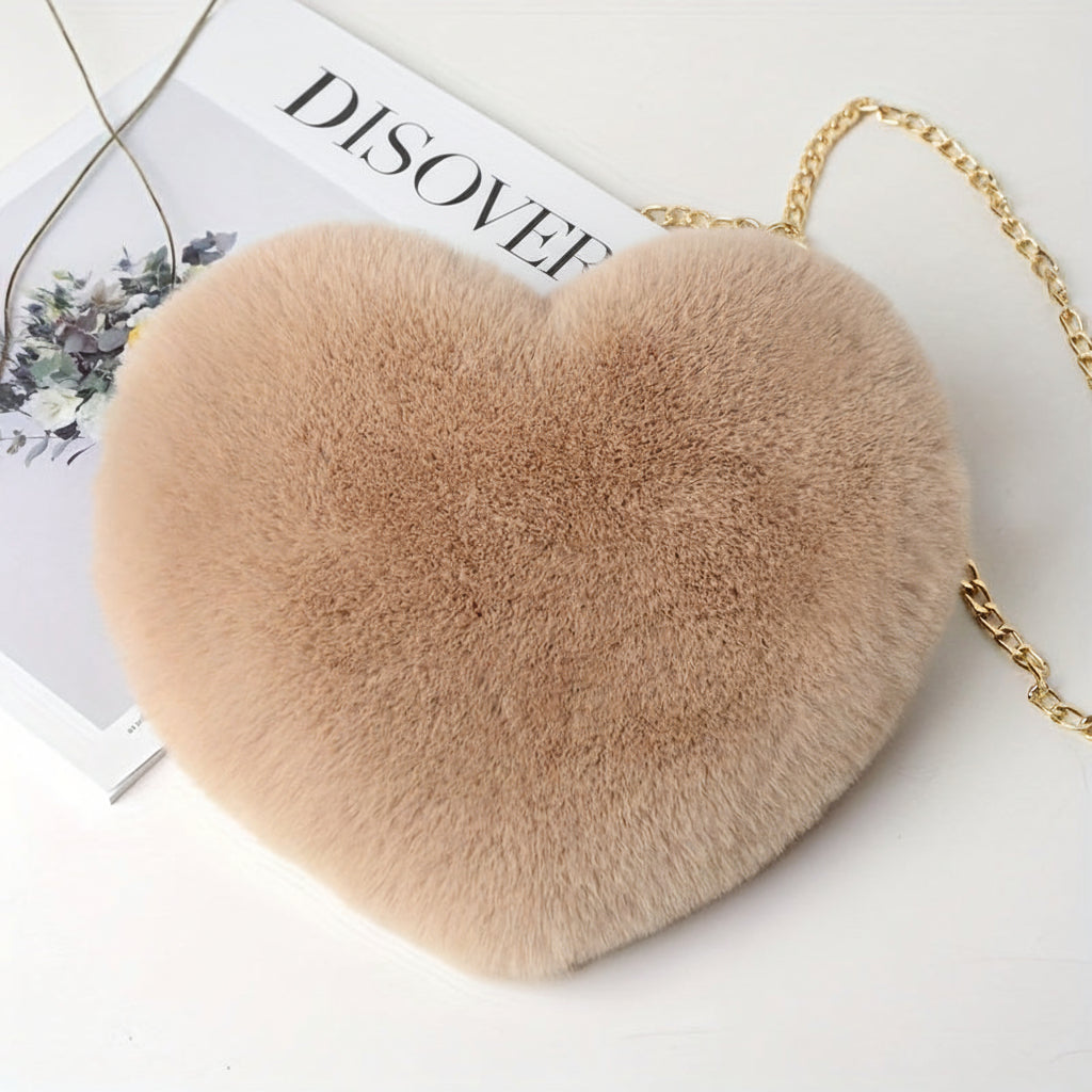 Heart Faux Fur Shoulder Bag With Crossbody Chain Purse | Temsk