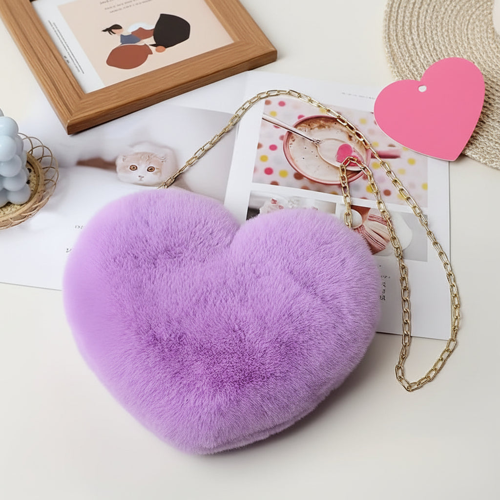 Heart Faux Fur Shoulder Bag With Crossbody Chain Purse | Temsk
