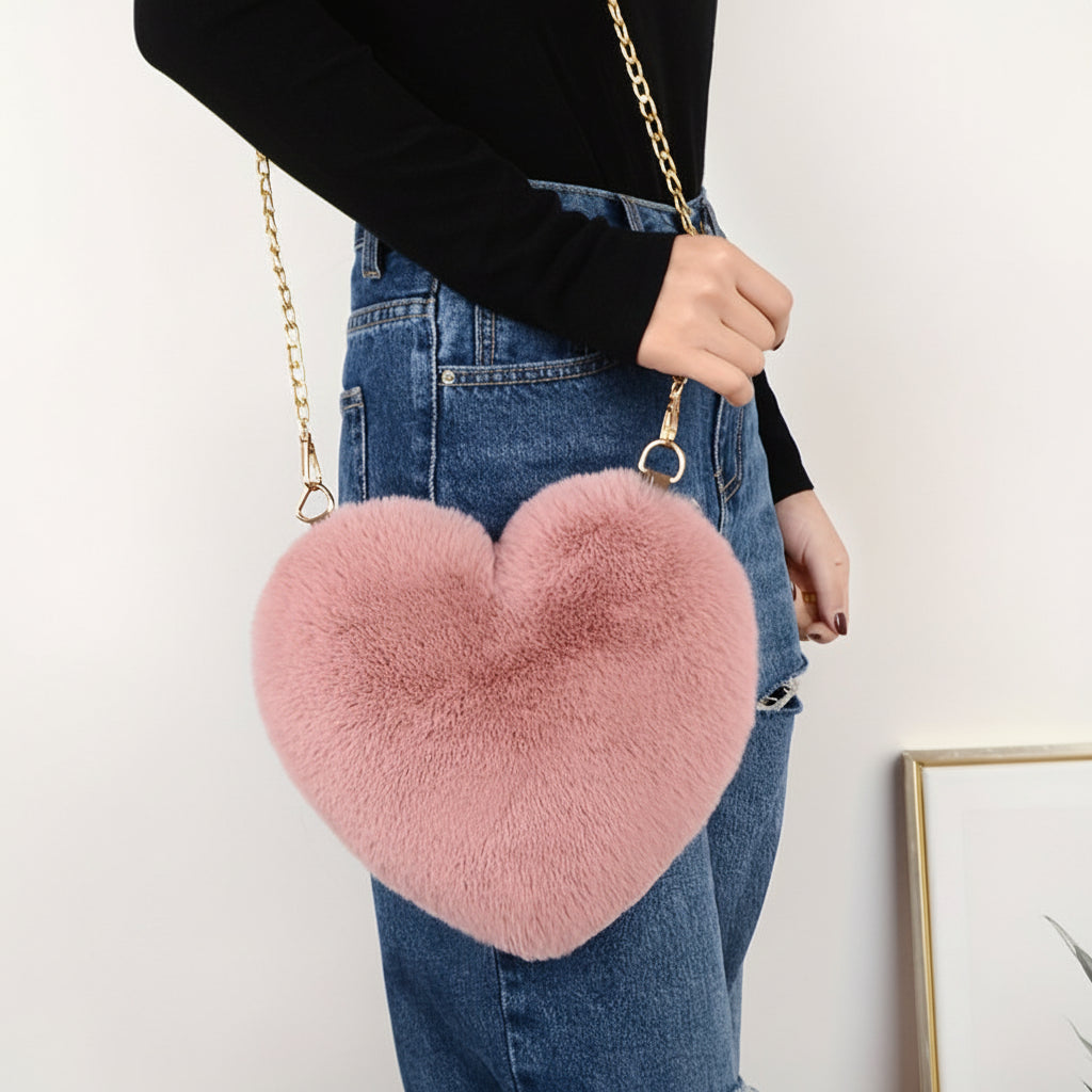 Heart Faux Fur Shoulder Bag With Crossbody Chain Purse | Temsk
