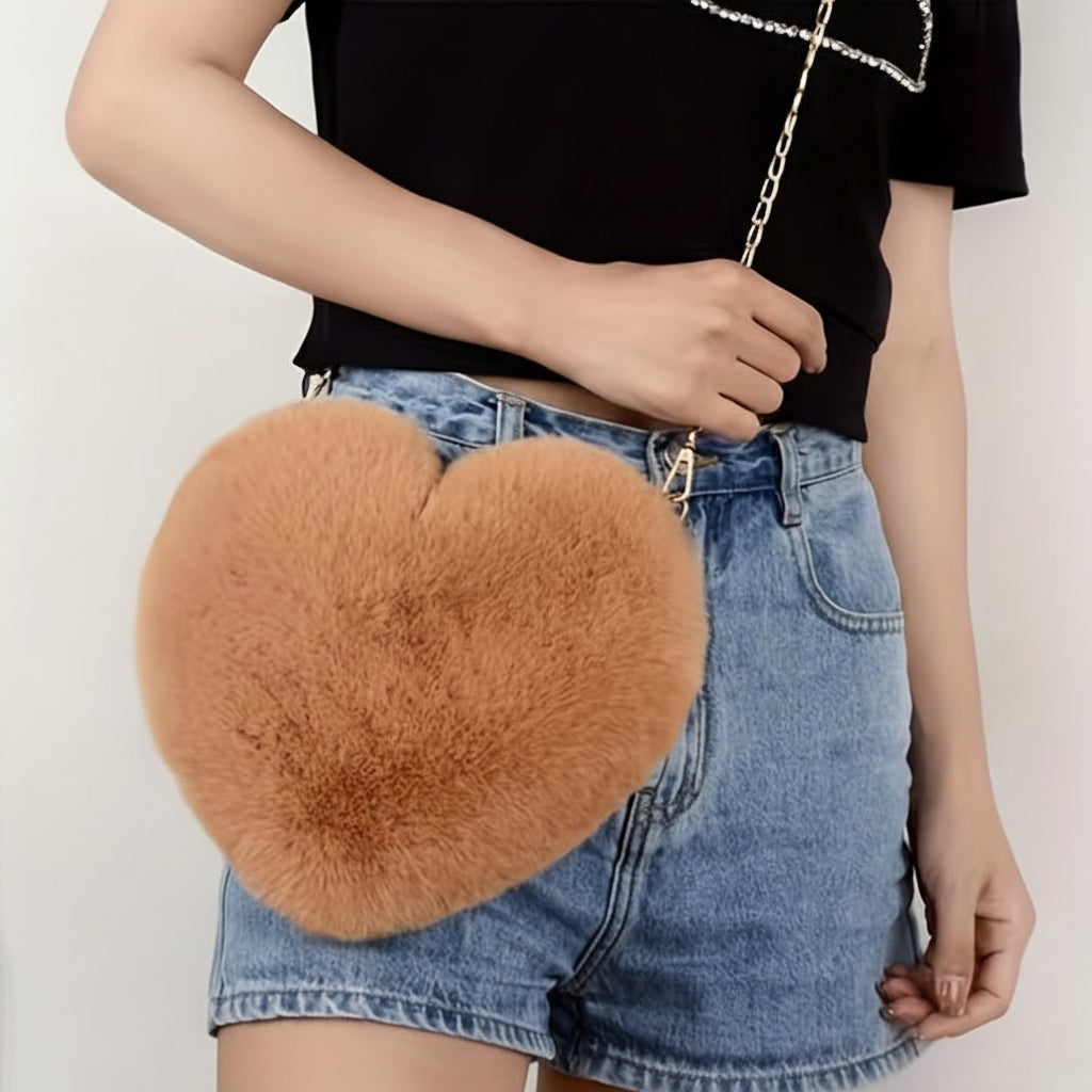 Heart Faux Fur Shoulder Bag With Crossbody Chain Purse | Temsk