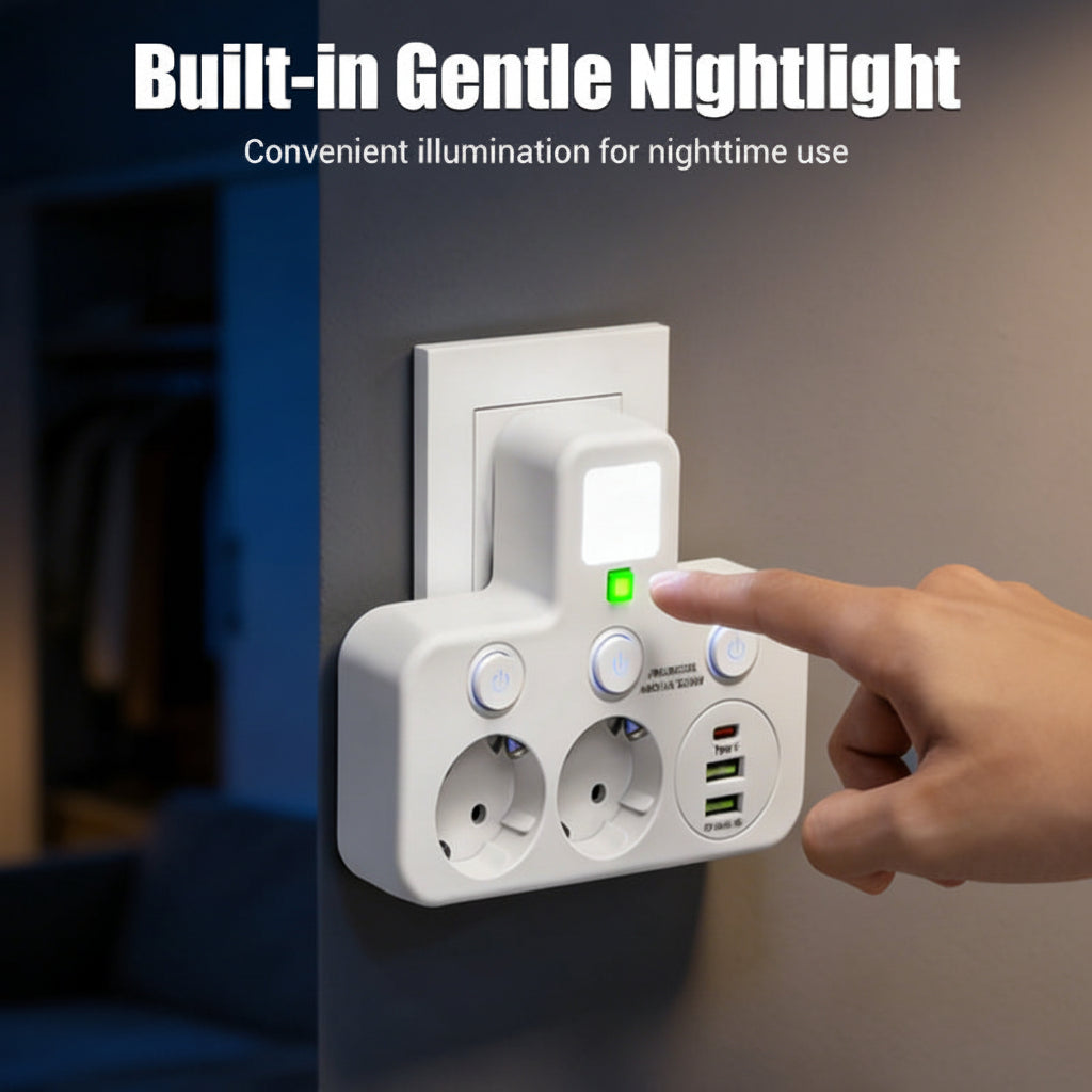 Multipresa con porte USB, luce notturna e interruttori individuali | Temsk