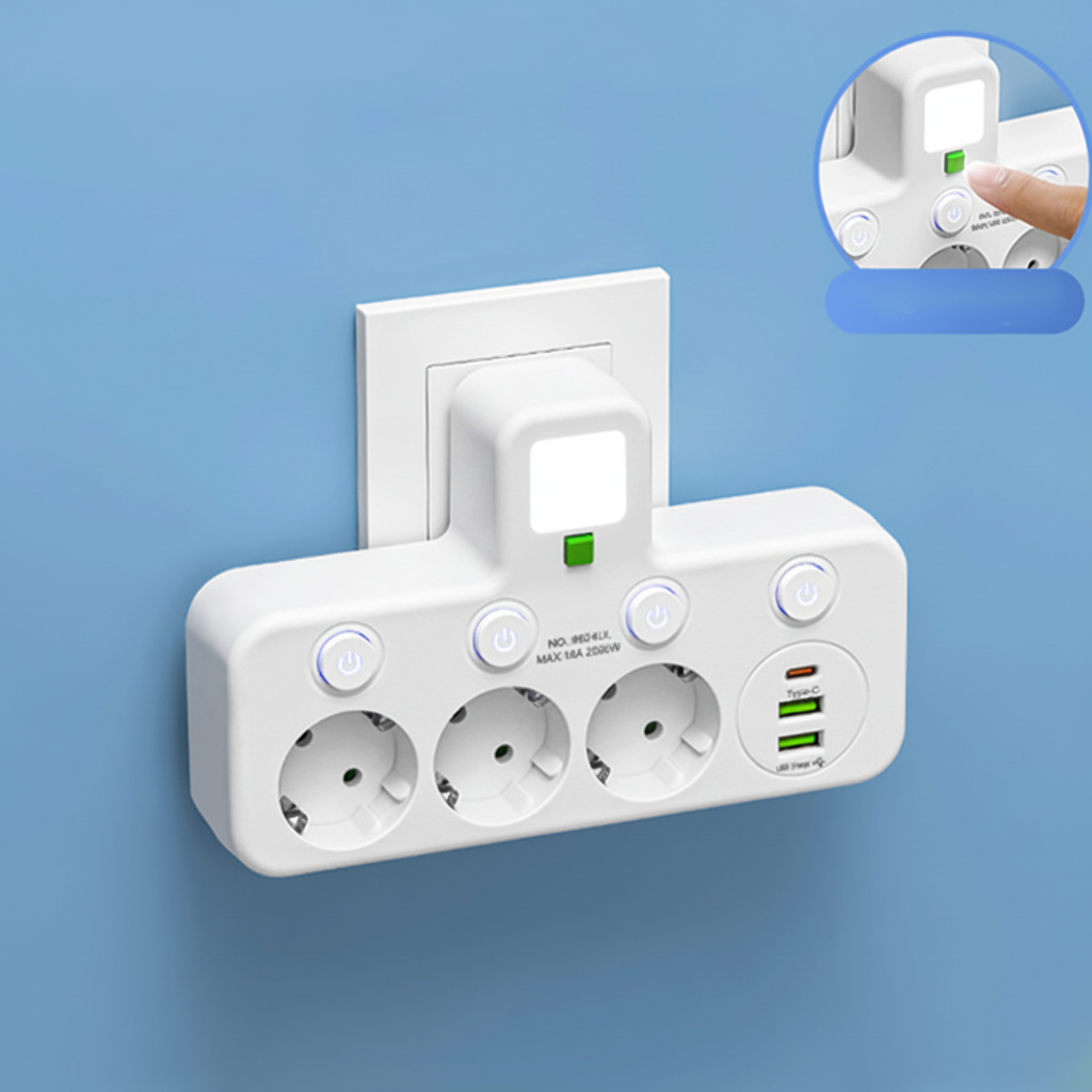 Multipresa con porte USB, luce notturna e interruttori individuali | Temsk