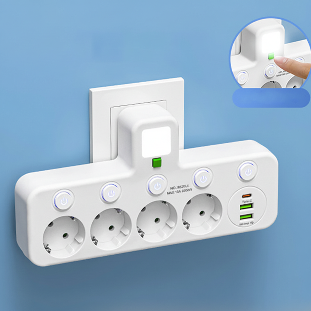 Multipresa con porte USB, luce notturna e interruttori individuali | Temsk