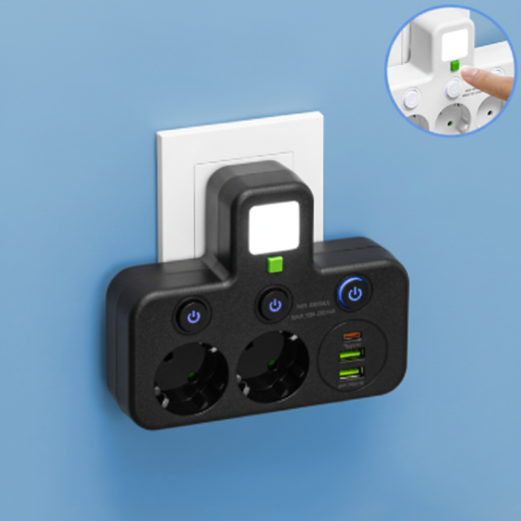 Multipresa con porte USB, luce notturna e interruttori individuali | Temsk