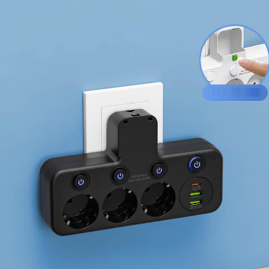 Multipresa con porte USB, luce notturna e interruttori individuali | Temsk