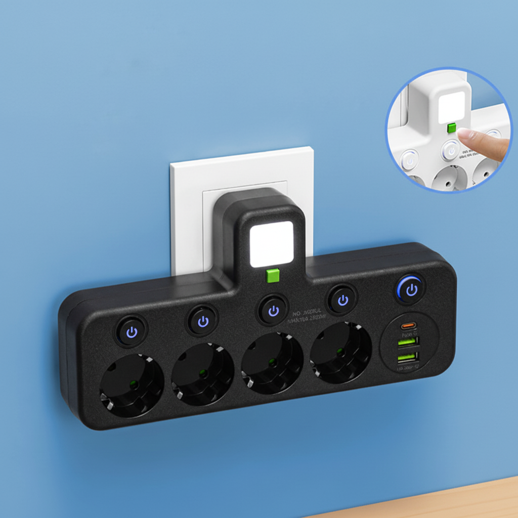 Multipresa con porte USB, luce notturna e interruttori individuali | Temsk