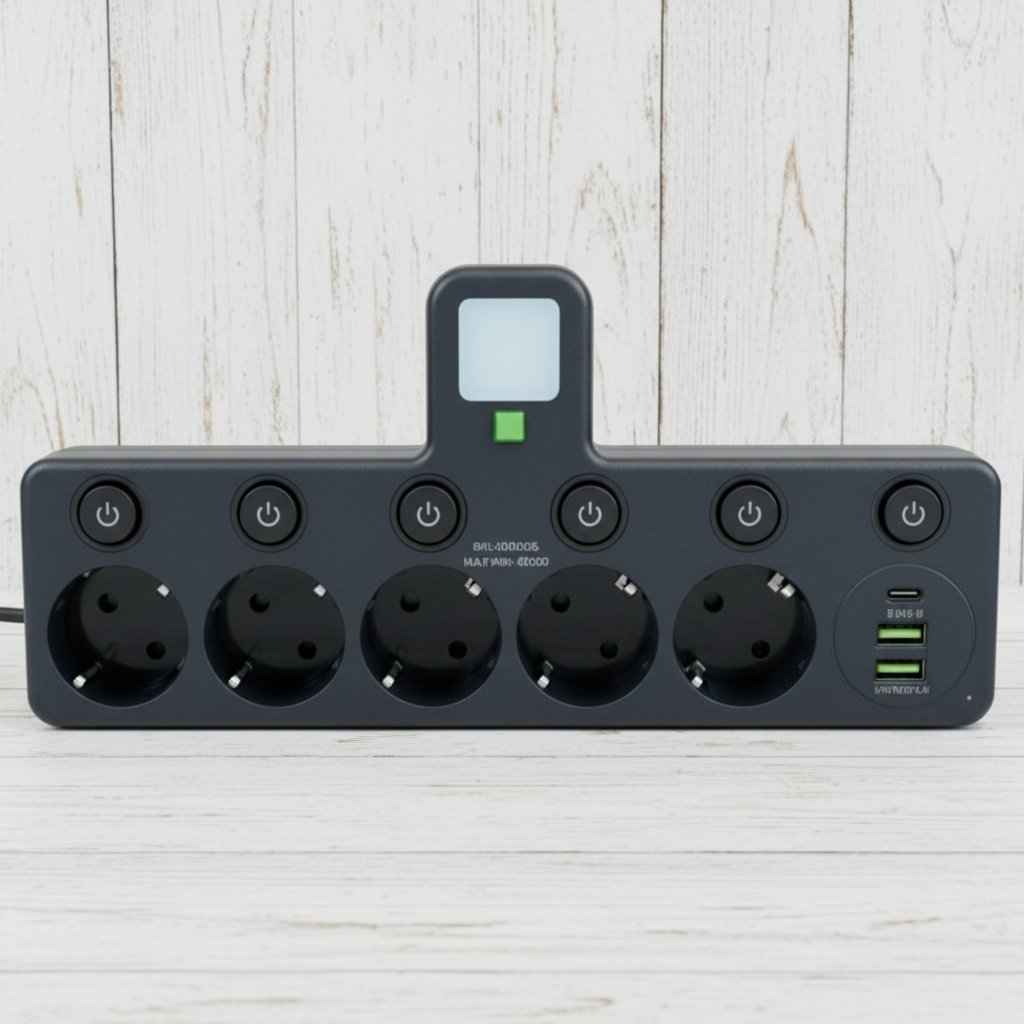 Multipresa con porte USB, luce notturna e interruttori individuali | Temsk