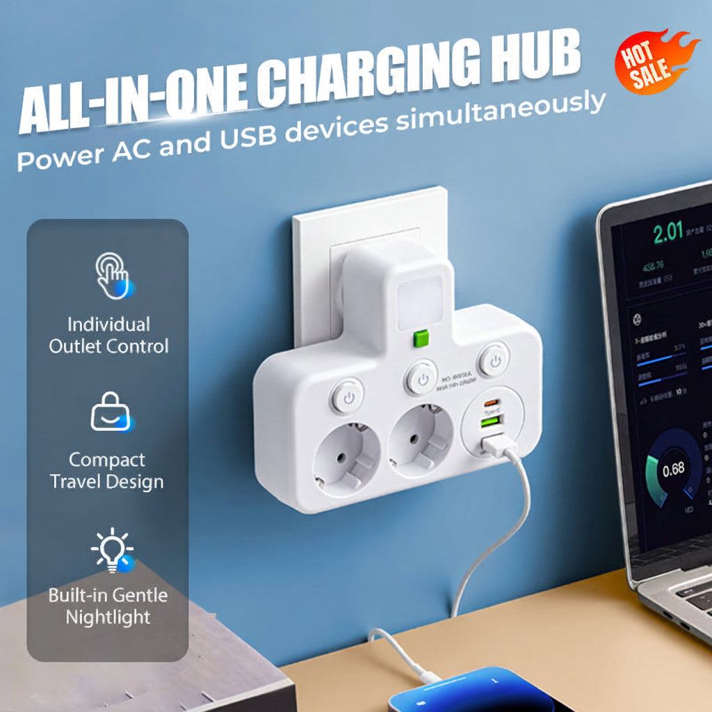 Multipresa con porte USB, luce notturna e interruttori individuali | Temsk