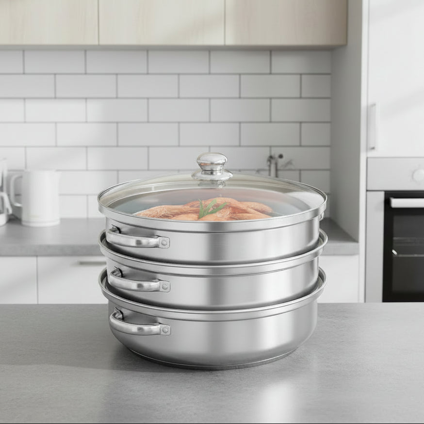 AeroSteam 3-Tier Stainless Steel Steamer With Glass Lid | Temsk