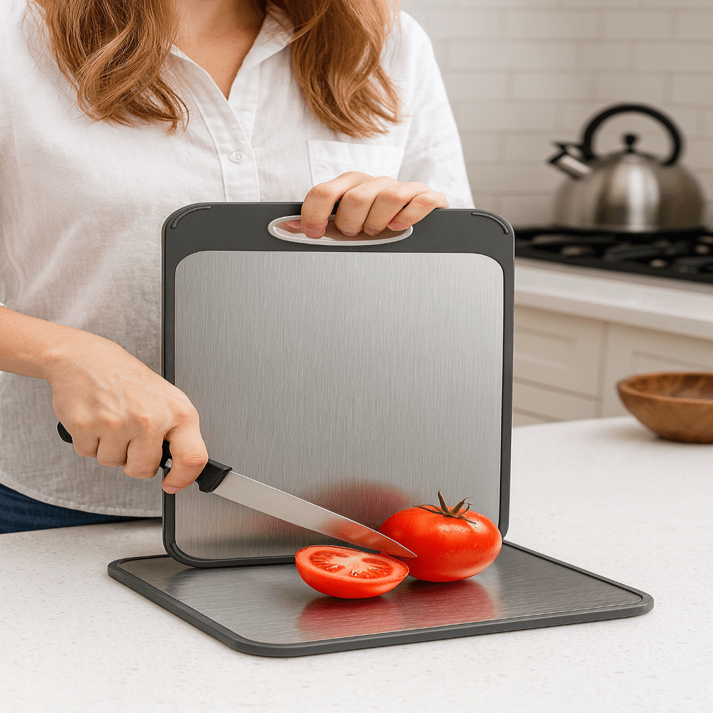 PureSteel Double-Sided Stainless Steel Cutting Board for Hygienic Prep | Temsk
