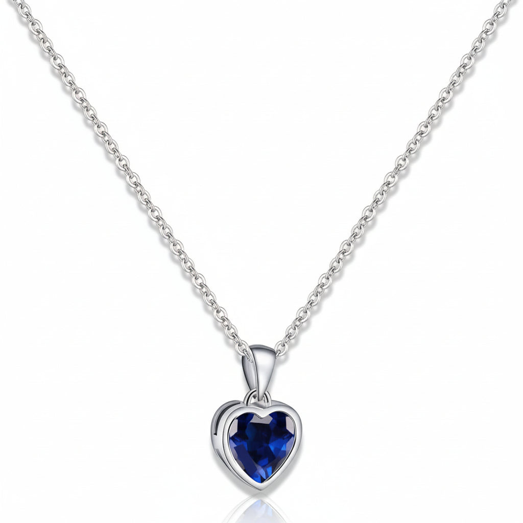 Sapphire Birthstone Heart Pendant Necklace In Silver | Temsk