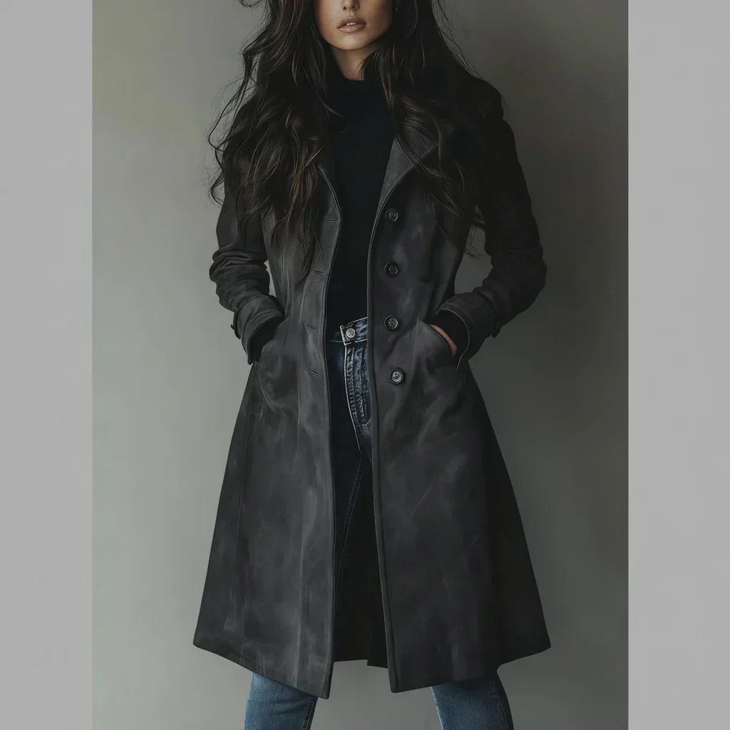 Damen-Langer Wildleder-Trenchcoat mit Knopfleiste für Herbst und Winter | Temsk