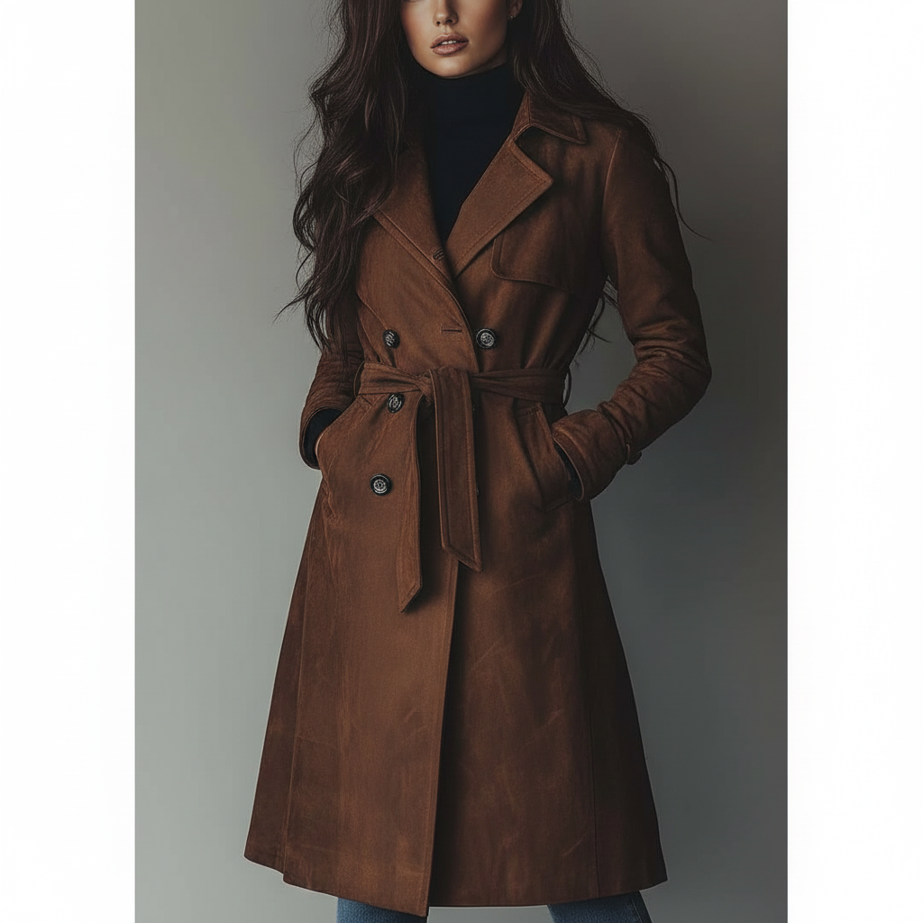 Damen-Langer Wildleder-Trenchcoat mit Knopfleiste für Herbst und Winter | Temsk