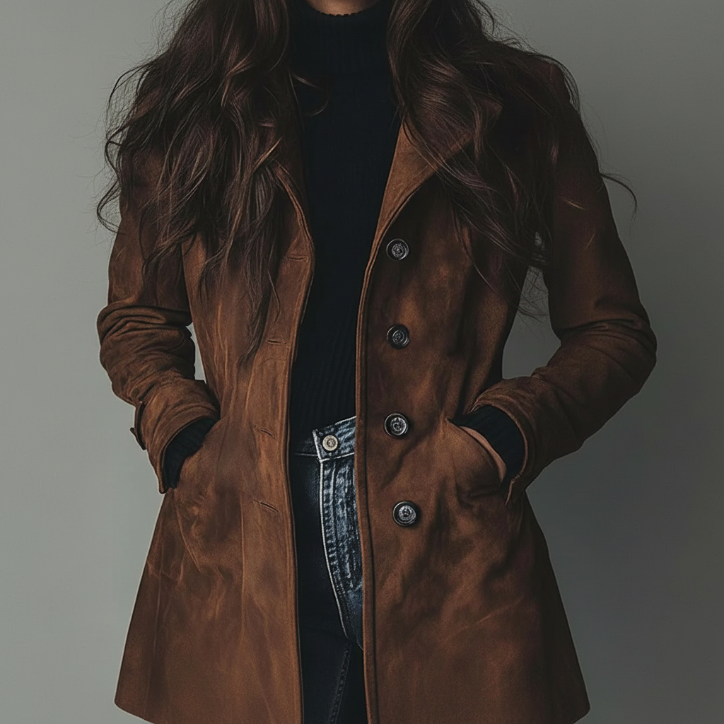 Damen-Langer Wildleder-Trenchcoat mit Knopfleiste für Herbst und Winter | Temsk