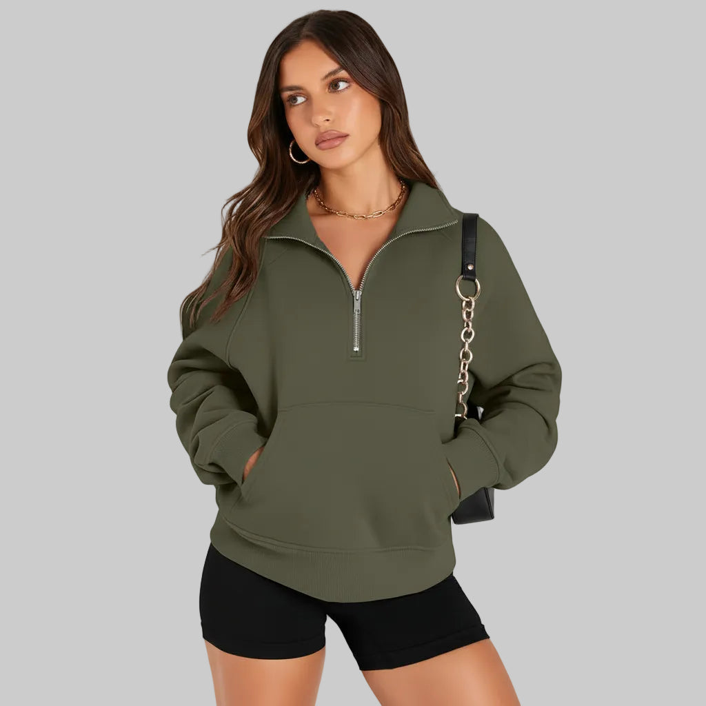 Kvinders cropped fleece-sweatshirt med halv lynlås til daglig varme | Temsk