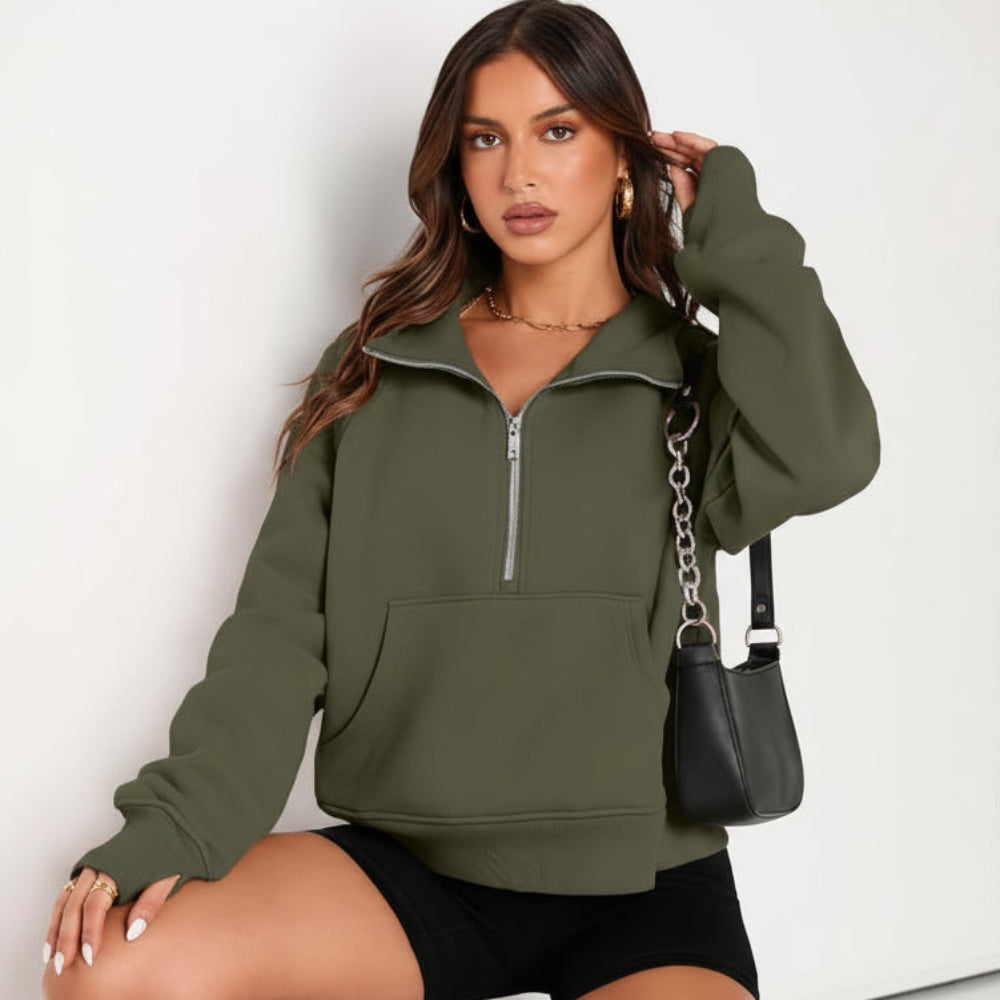 Kvinders cropped fleece-sweatshirt med halv lynlås til daglig varme | Temsk