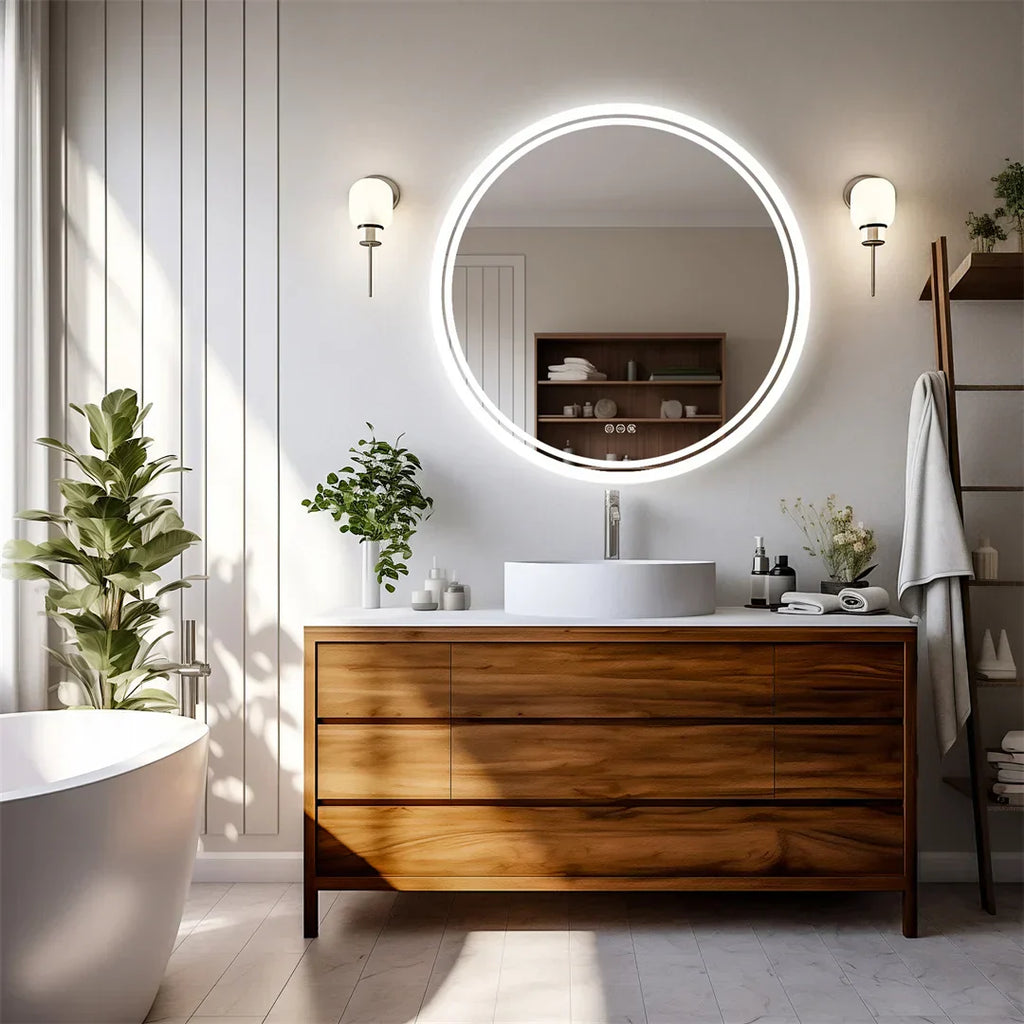 LuvoRound Rundes Badezimmerspiegel mit LED-Hintergrundbeleuchtung und dimmbarem Touchscreen | Temsk