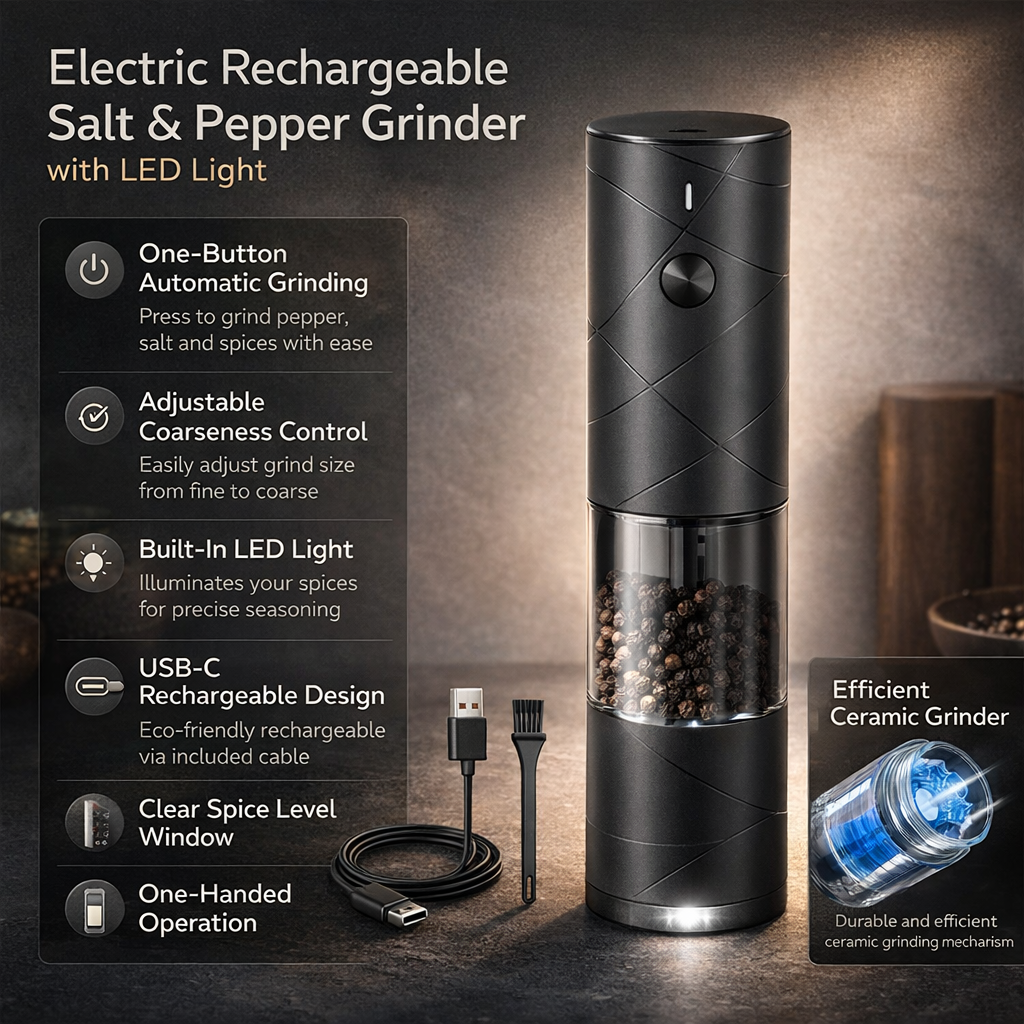 Rechargeable Electric Salt And Pepper Grinder With LED Light | Temsk