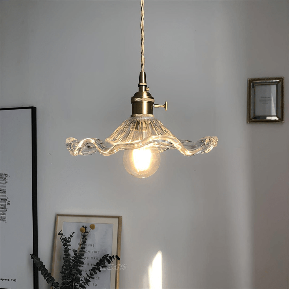Brass Accents Scalloped Glass Pendant Light Fixture | Temsk