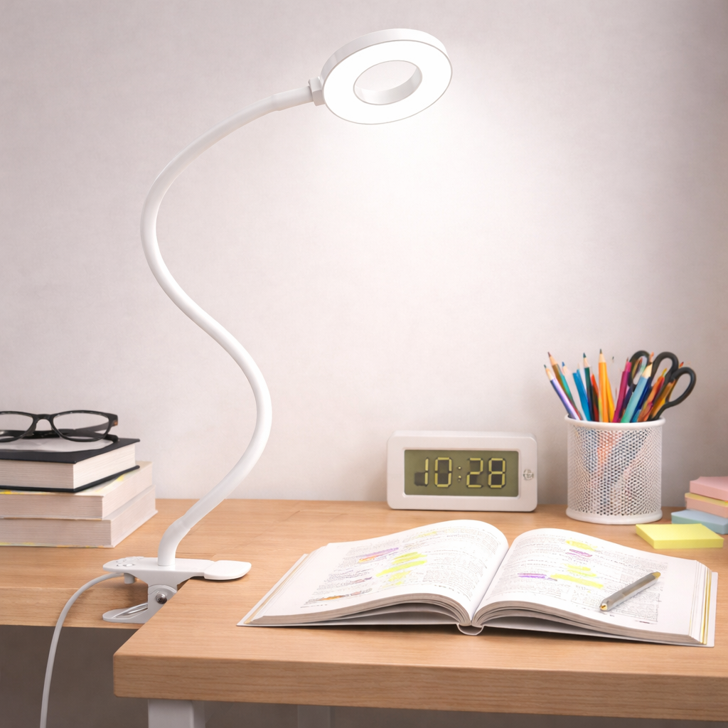 Clip On Desk Lamp With Flexible Gooseneck And Reading Light LED Three Color Modes | Temsk