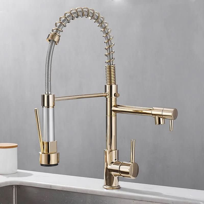 AeroFlow Modern Double Spout Kitchen Tap With Black And Gold Finish | Temsk