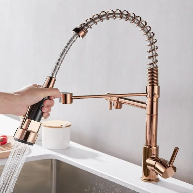 AeroFlow Modern Double Spout Kitchen Tap With Black And Gold Finish | Temsk