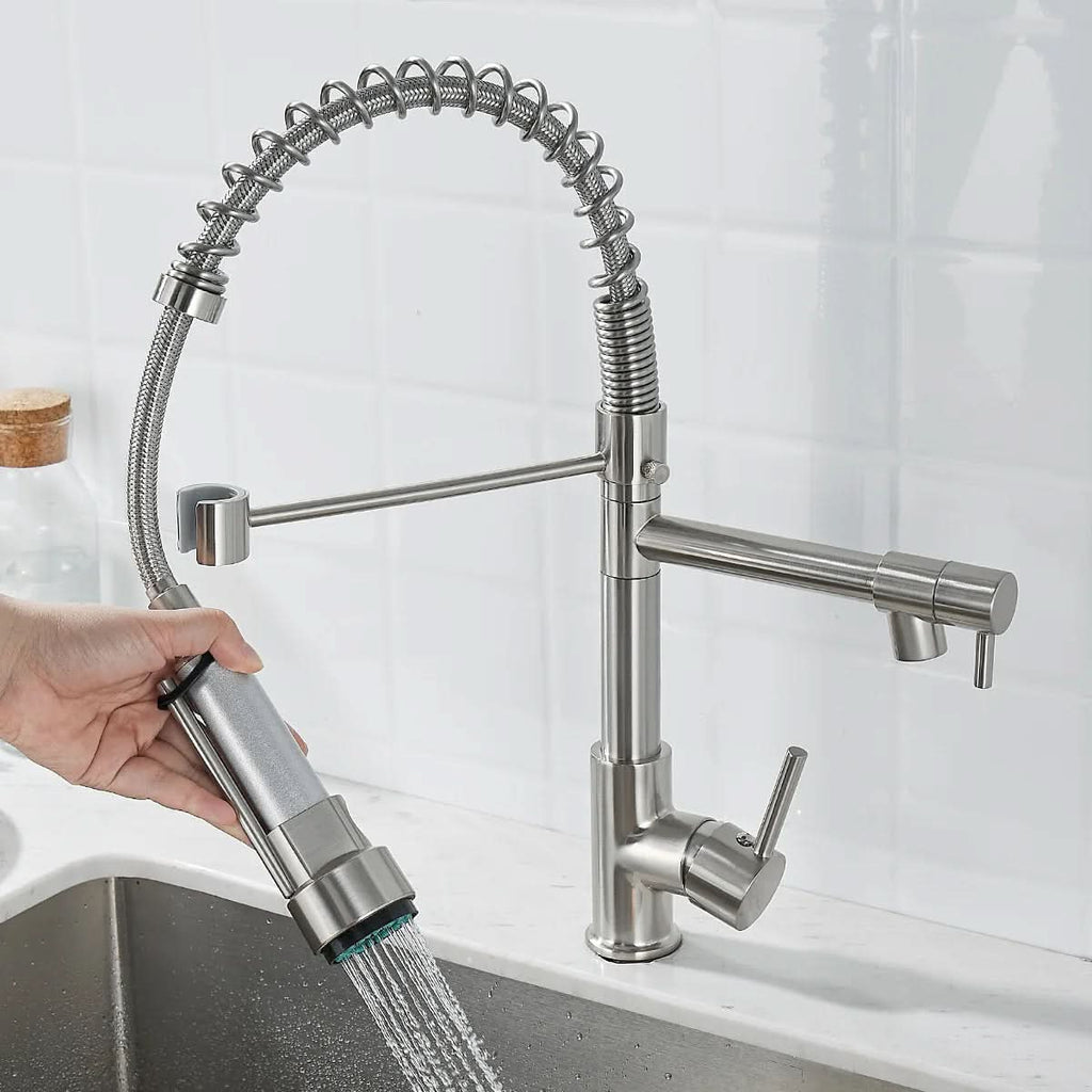 AeroFlow Modern Double Spout Kitchen Tap With Black And Gold Finish | Temsk