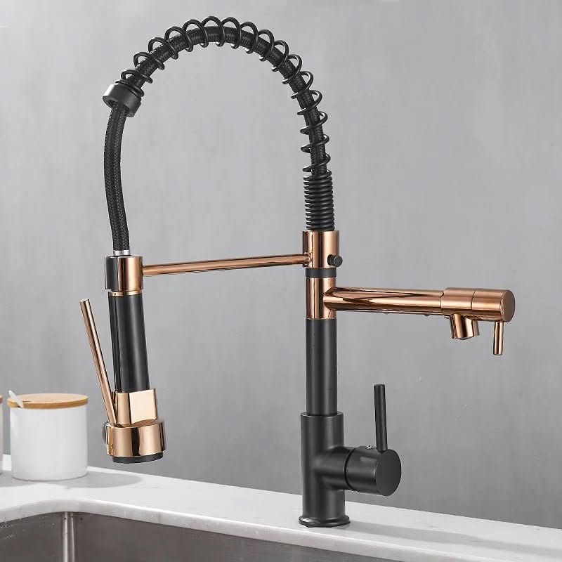 AeroFlow Modern Double Spout Kitchen Tap With Black And Gold Finish | Temsk