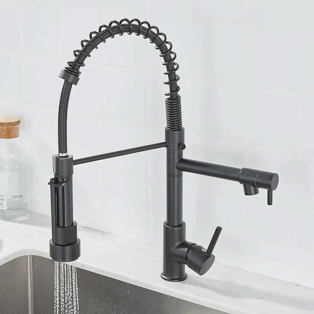 AeroFlow Modern Double Spout Kitchen Tap With Black And Gold Finish | Temsk