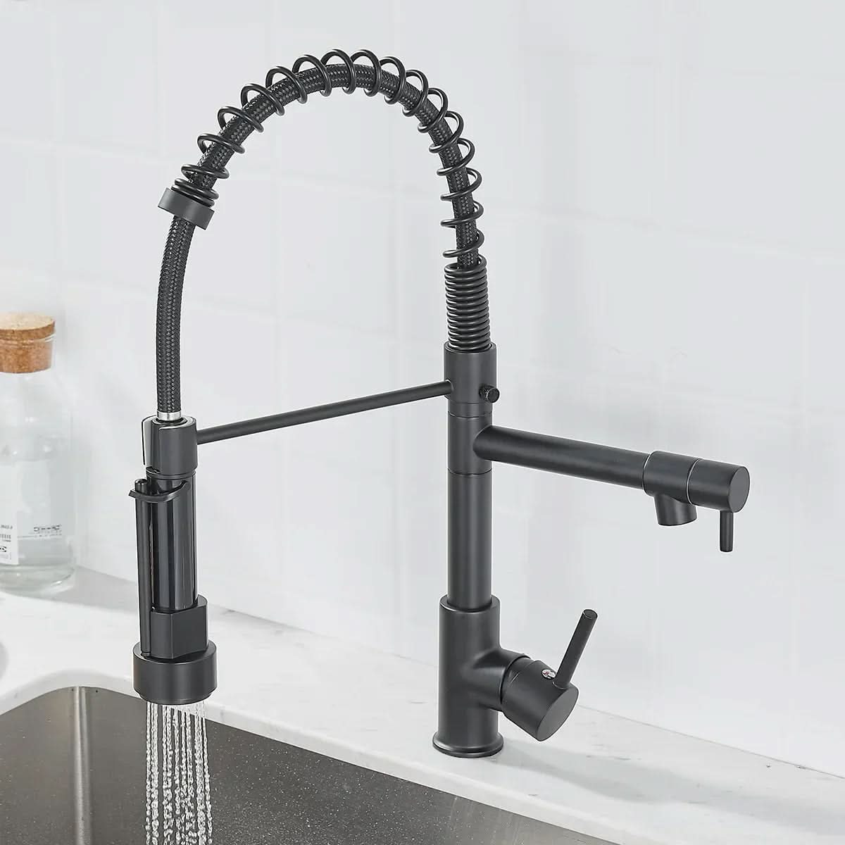 AeroFlow Modern Double Spout Kitchen Tap With Black And Gold Finish | Temsk