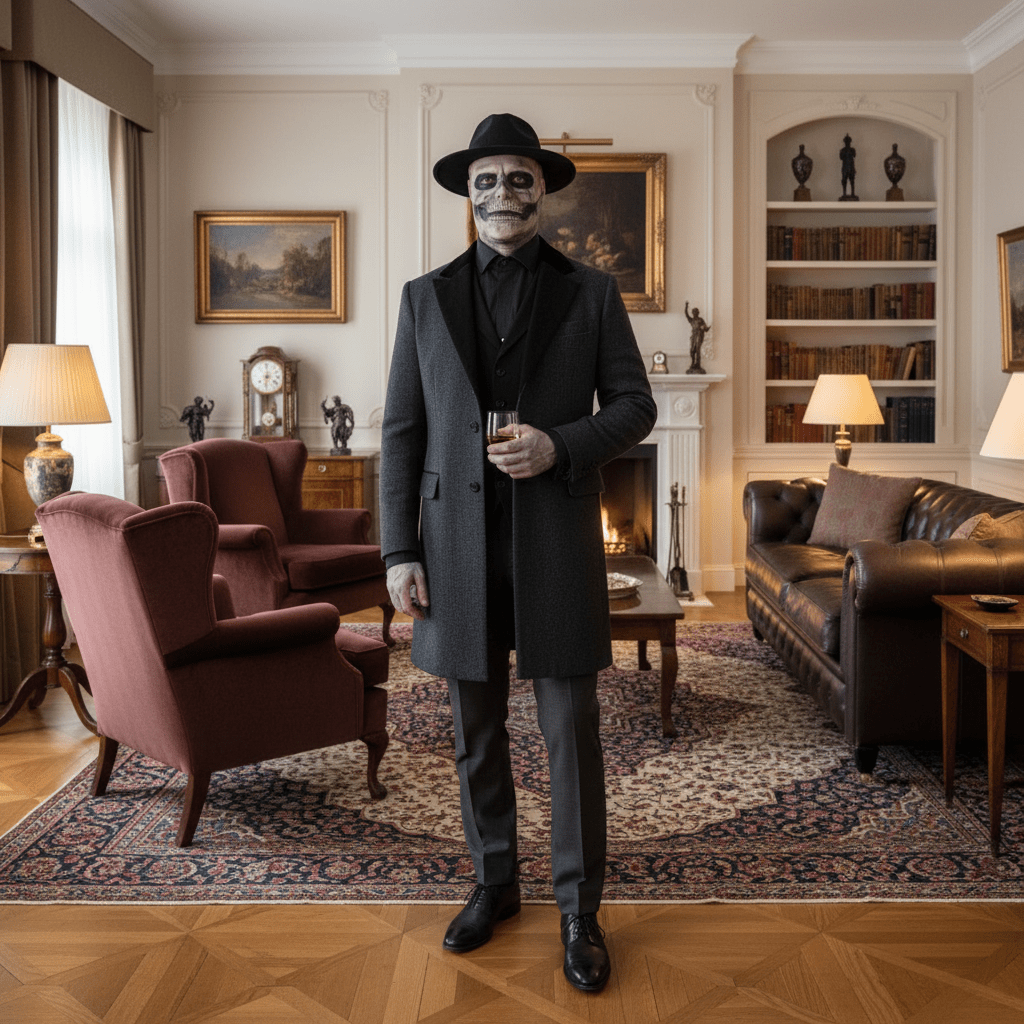 GraveShade realistická kostlivcová maska s kloboukem pro dokonalou halloweenovou proměnu | Temsk