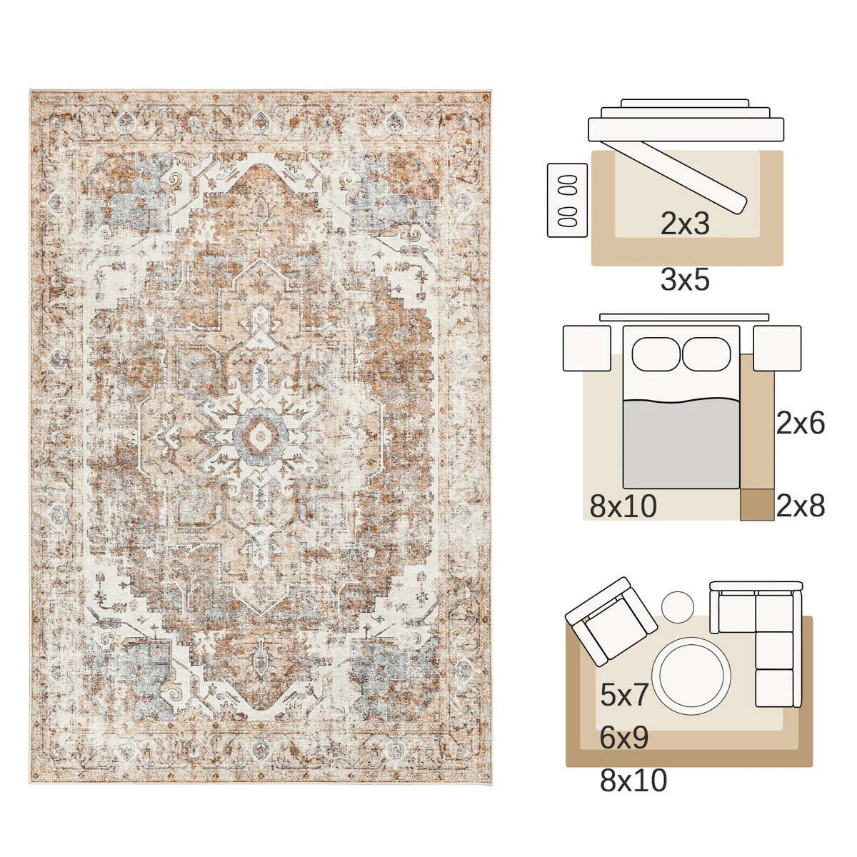 Heritage Medaillon Teppich Faltbarer Teppich Rutschfest im orientalischen Stil | Temsk