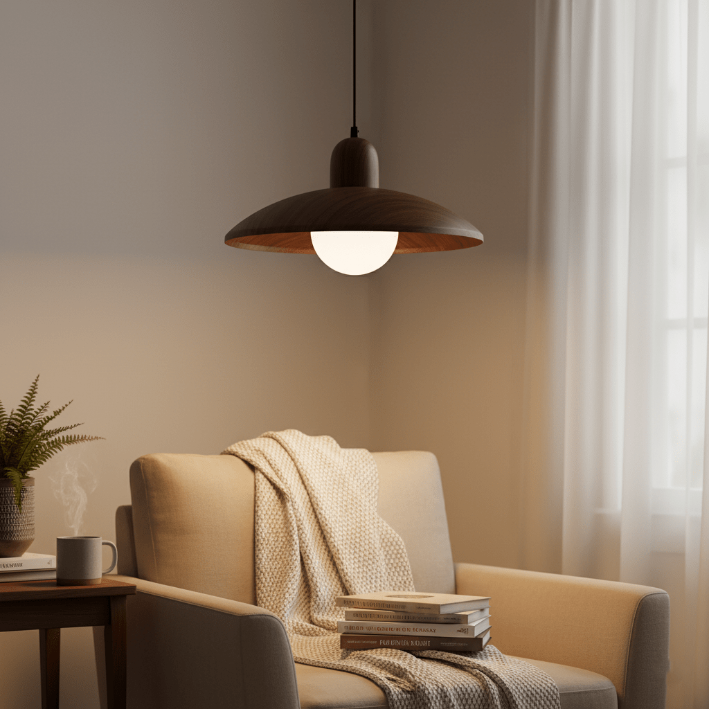 Shallow Wood Dome Pendant Light, Modern Ceiling Fixture | Temsk